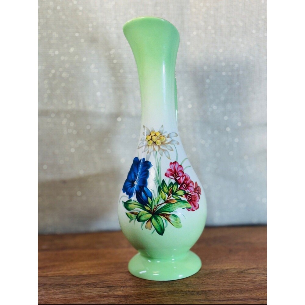 Green/White Vase/Pitcher Hand Painted Floral 8.5” Tall Made in Canada